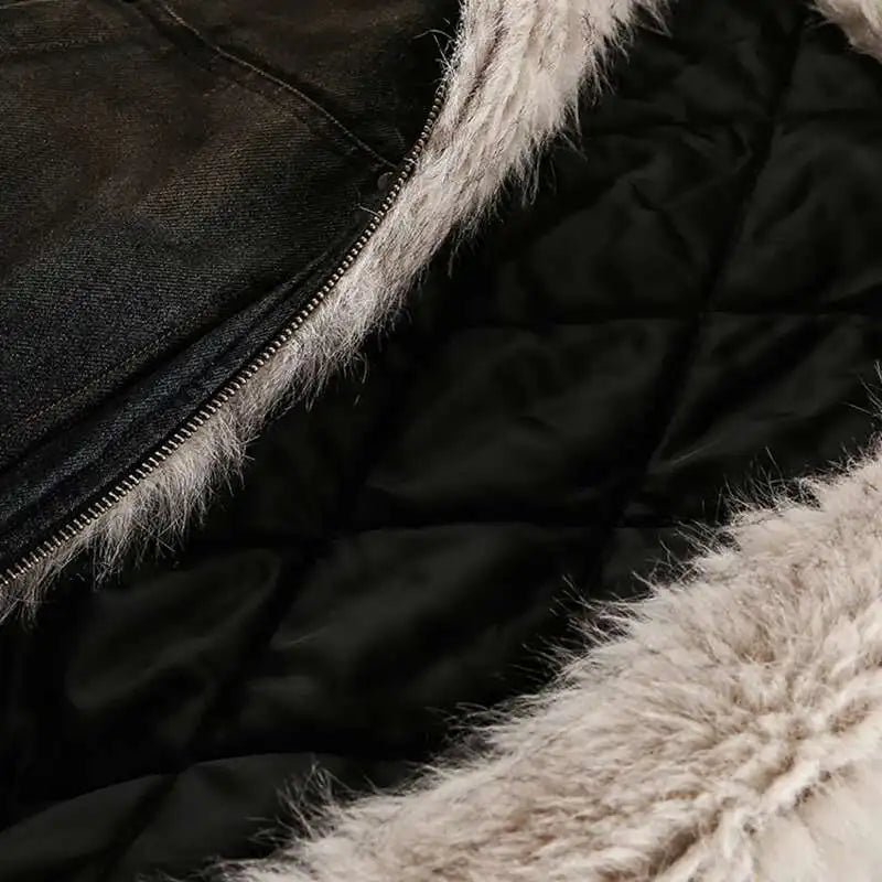 Menswear Thickened Denim Quilted Padded Jackets Autumn Winter Trend 2024 New Oversized Fur Collar Hooded Cotton-Padded Coat