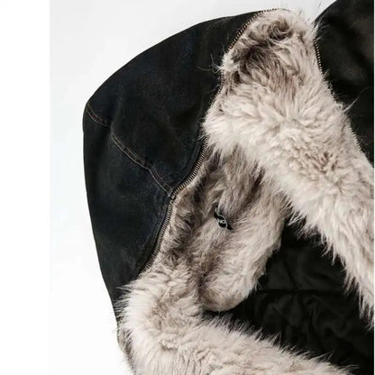 Menswear Thickened Denim Quilted Padded Jackets Autumn Winter Trend 2024 New Oversized Fur Collar Hooded Cotton-Padded Coat