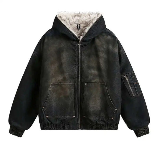 Menswear Thickened Denim Quilted Padded Jackets Autumn Winter Trend 2024 New Oversized Fur Collar Hooded Cotton-Padded Coat